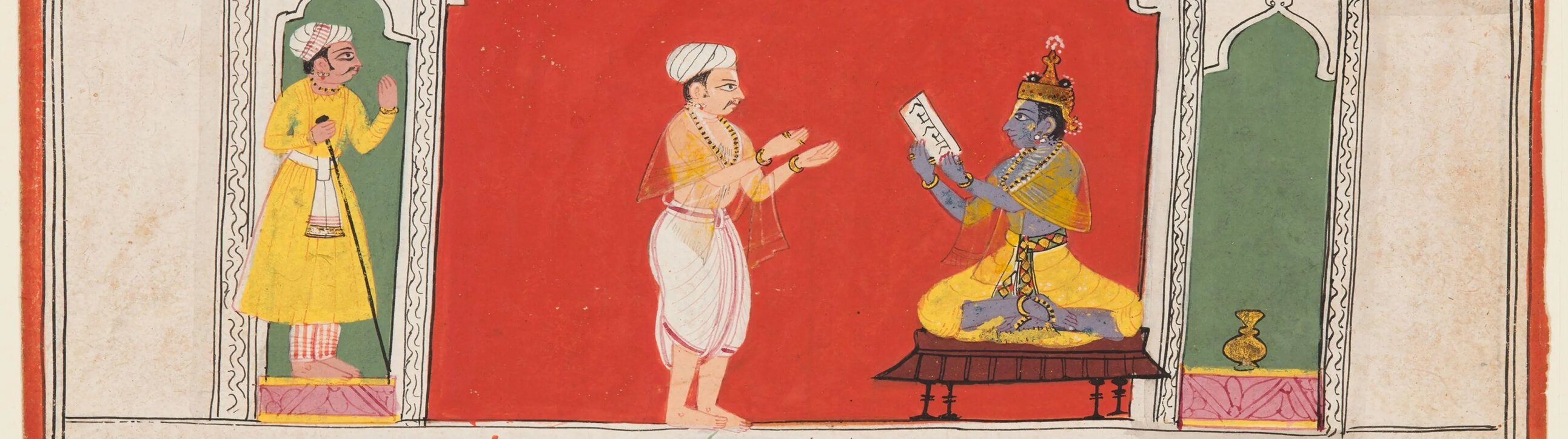 Detail of an Indian miniature painting depicting Krishna, a blue-skinned figure in a crown and yellow garments, seated on a platform reading a letter inviting him to a svayamvara (marriage ceremony). A messenger in white robes stands before him in reverence, while an attendant with a staff stands in an alcove to the left. The scene is set against a vibrant red background within an architectural frame.