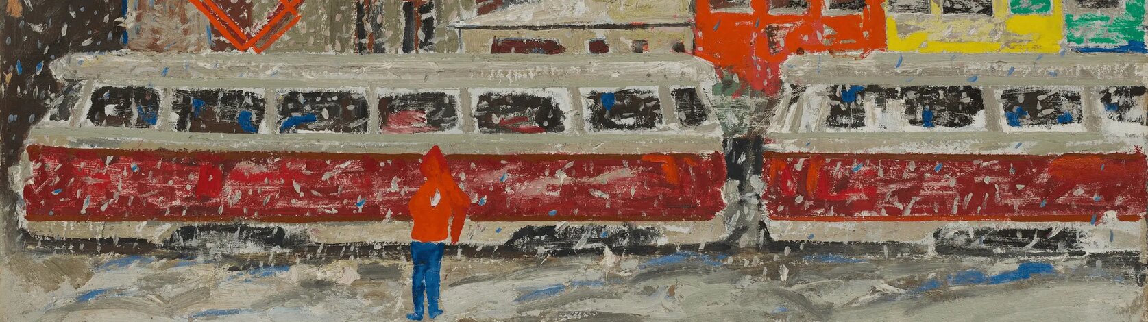 Detail of an impressionistic painting by Ion Bitan titled "Landscape from Bucharest," featuring a person in a red hooded coat standing before two red and white streetcars during a heavy snowfall. The scene is rendered with thick, textured brushstrokes and shows colorful buildings in the background.
