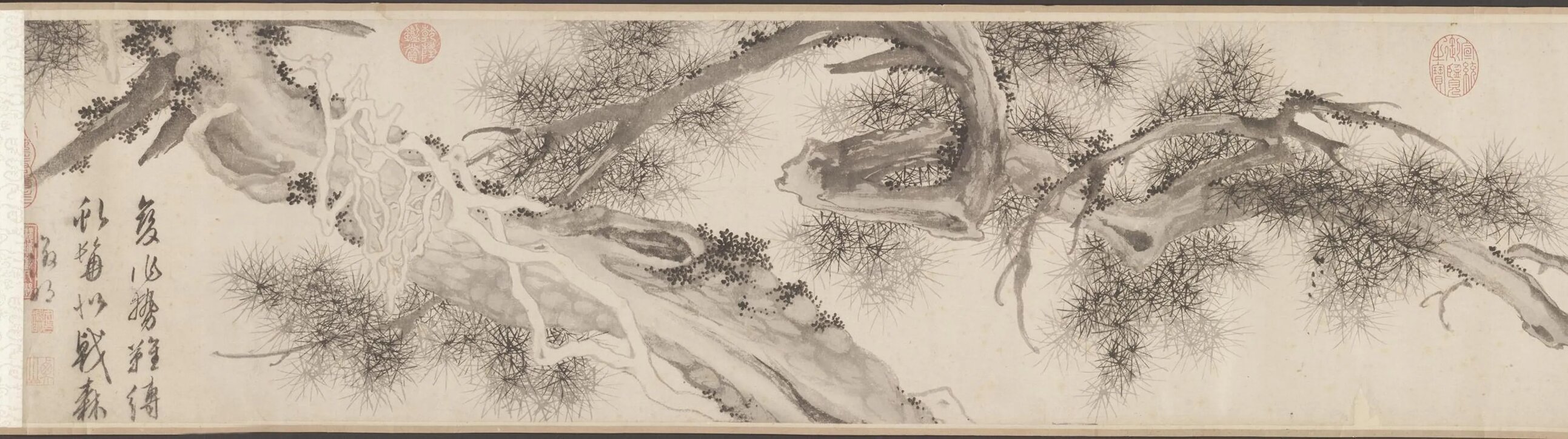 Detail of a traditional Chinese handscroll painting titled "Old Pine Tree" by Ming dynasty artist Wen Zhengming, depicting a gnarled and vine-entangled tree in expressive monochrome ink. The long composition is annotated with vertical calligraphy and multiple red artist seals on the left.