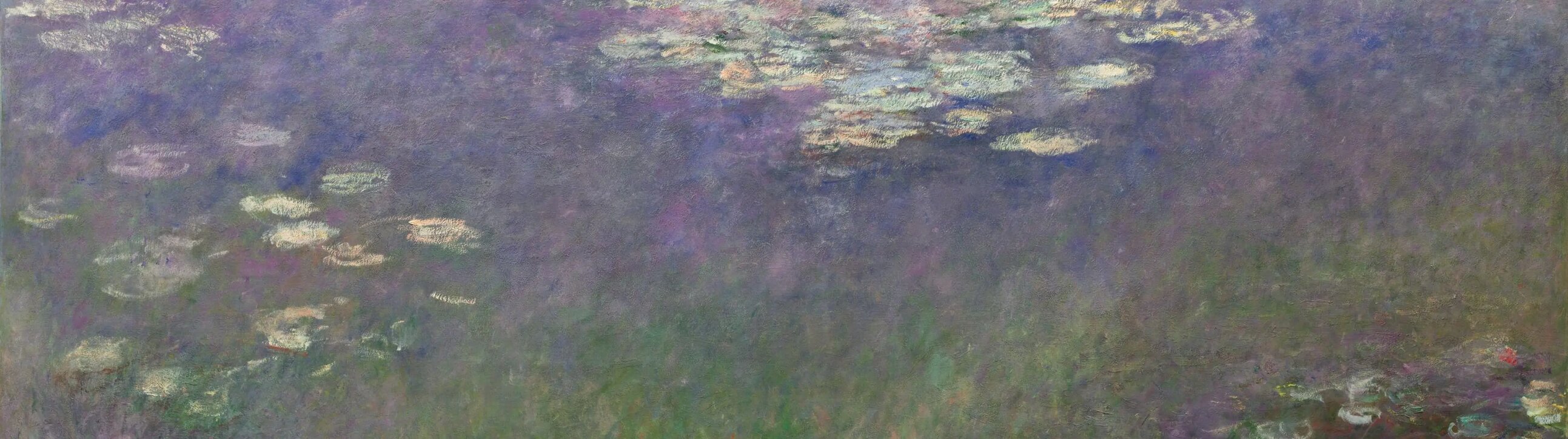 Detail of a wide Impressionist painting by Claude Monet of his water lily pond at Giverny. The composition features clusters of pale water lilies floating on a shimmering surface of deep purples, blues, and greens, rendered with soft, blended brushstrokes and no visible horizon.