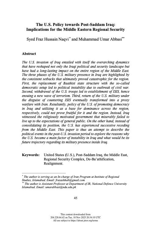 The U.S. Policy towards Post-Saddam Iraq: Implications for the Middle Eastern Regional Security