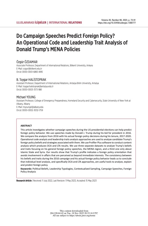 Do Campaign Speeches Predict Foreign Policy? An Operational Code and Leadership Trait Analysis of Donald Trump's MENA Policies