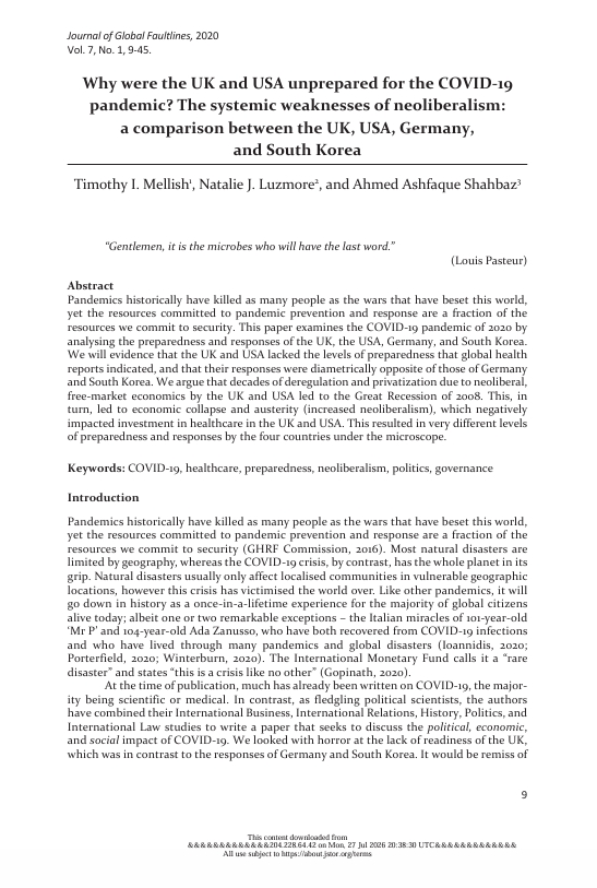 Why were the UK and USA unprepared for the COVID-19 pandemic? The systemic weaknesses of neoliberalism: a comparison between the UK, USA, Germany, and South Korea